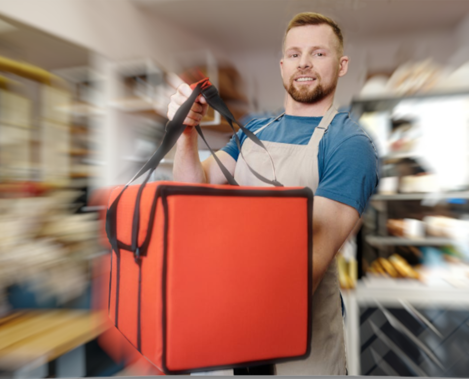 Picture of man in shop with food delivery case.